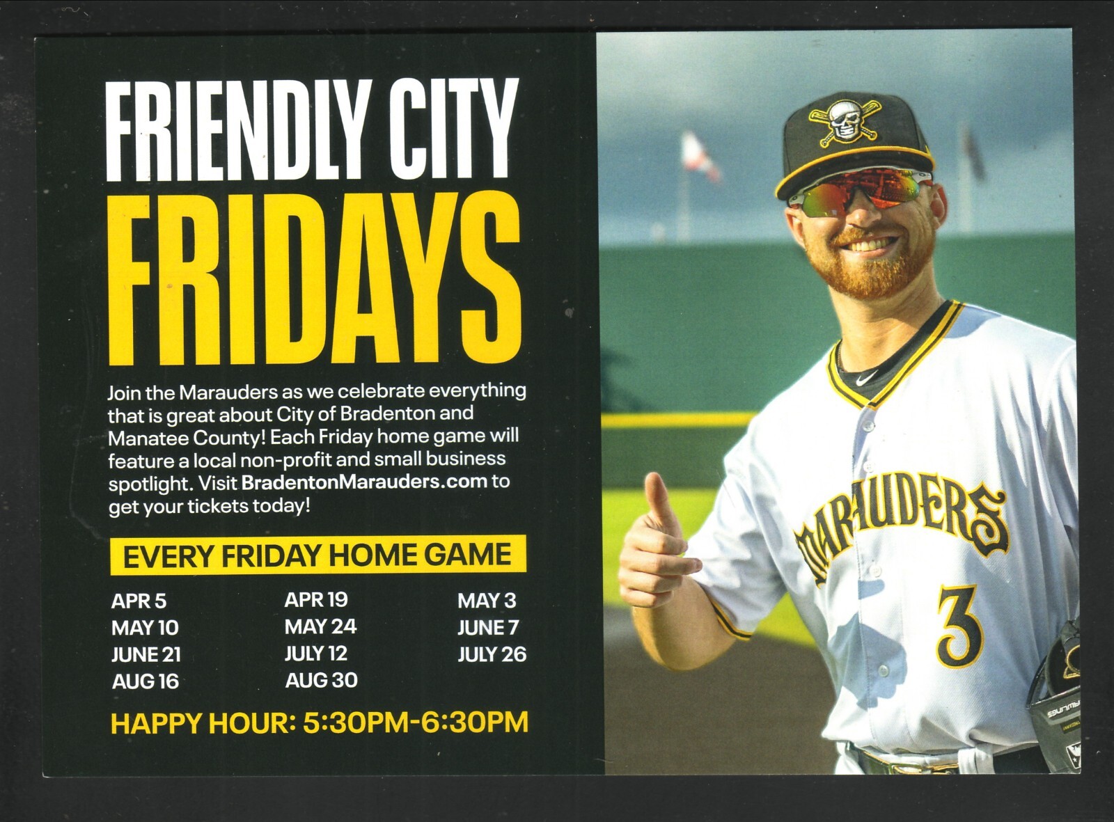 2024 Bradenton Marauders Friendly City Fridays Baseball Large Card Advertisement