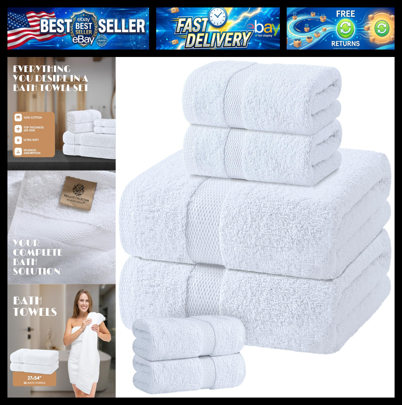 White Bath Towel Set of 6 - 100% Cotton Highly Absorbent Towels for Bathroom, 2
