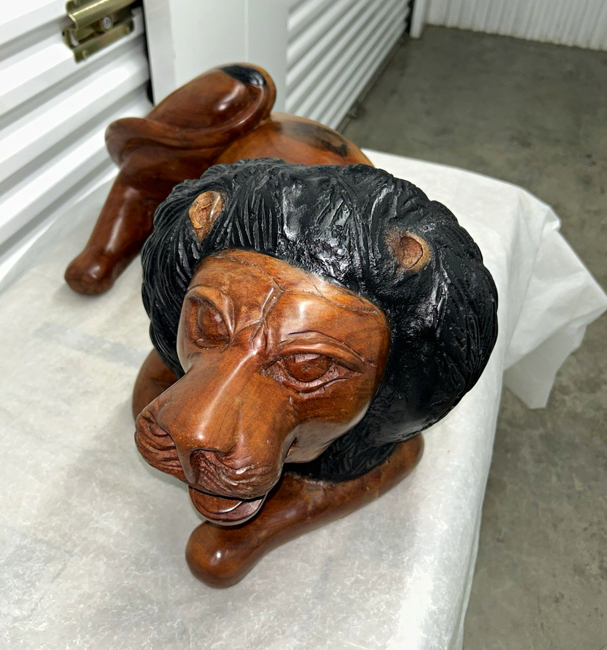 Hand Carved Wooden Lion Sculpture Figurine Lying Down Brown with Black Mane