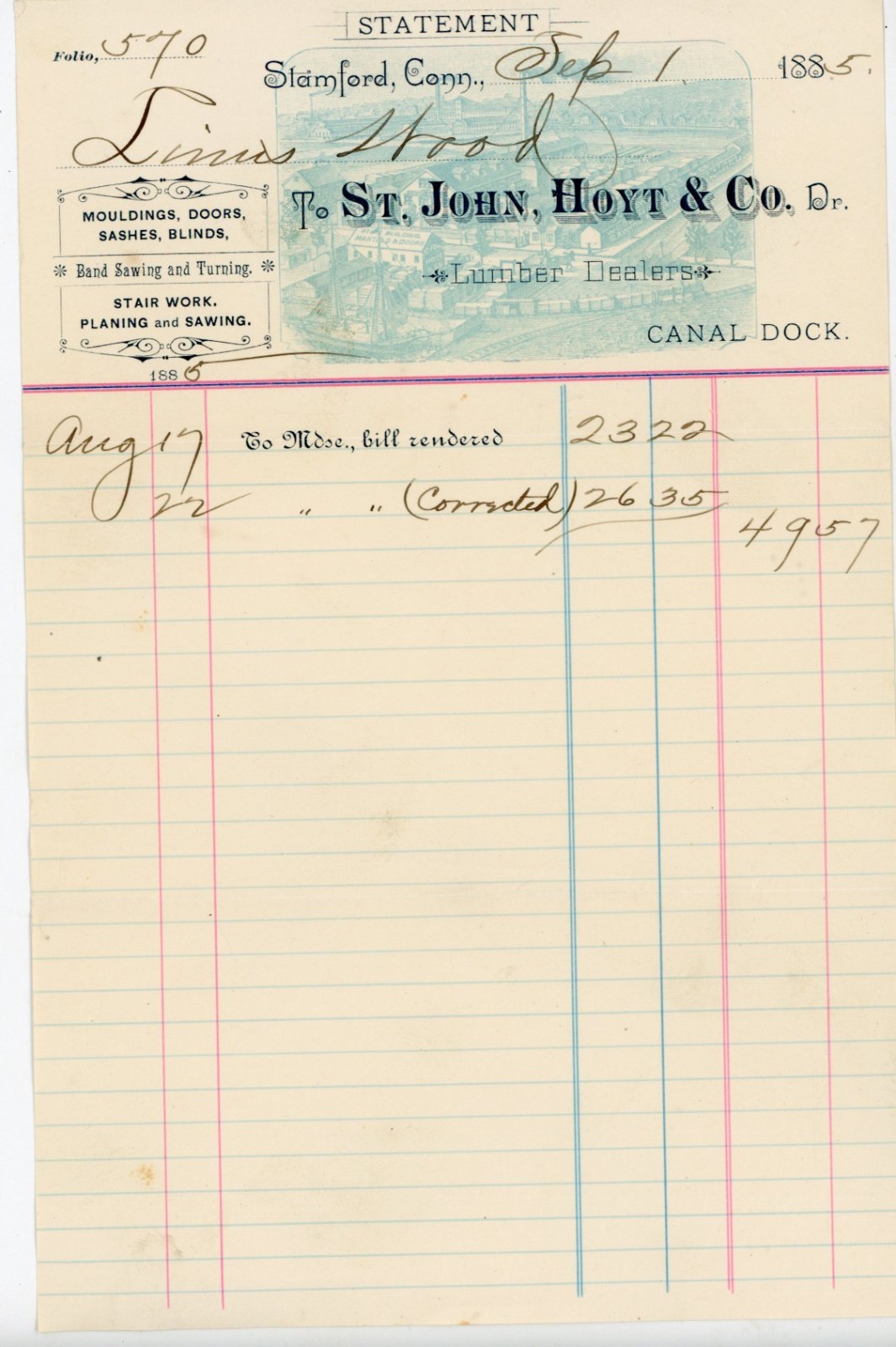 1885 Stamford CT Lumber Billhead – St John, Hoyt & Co Canal Dock Invoice Antique