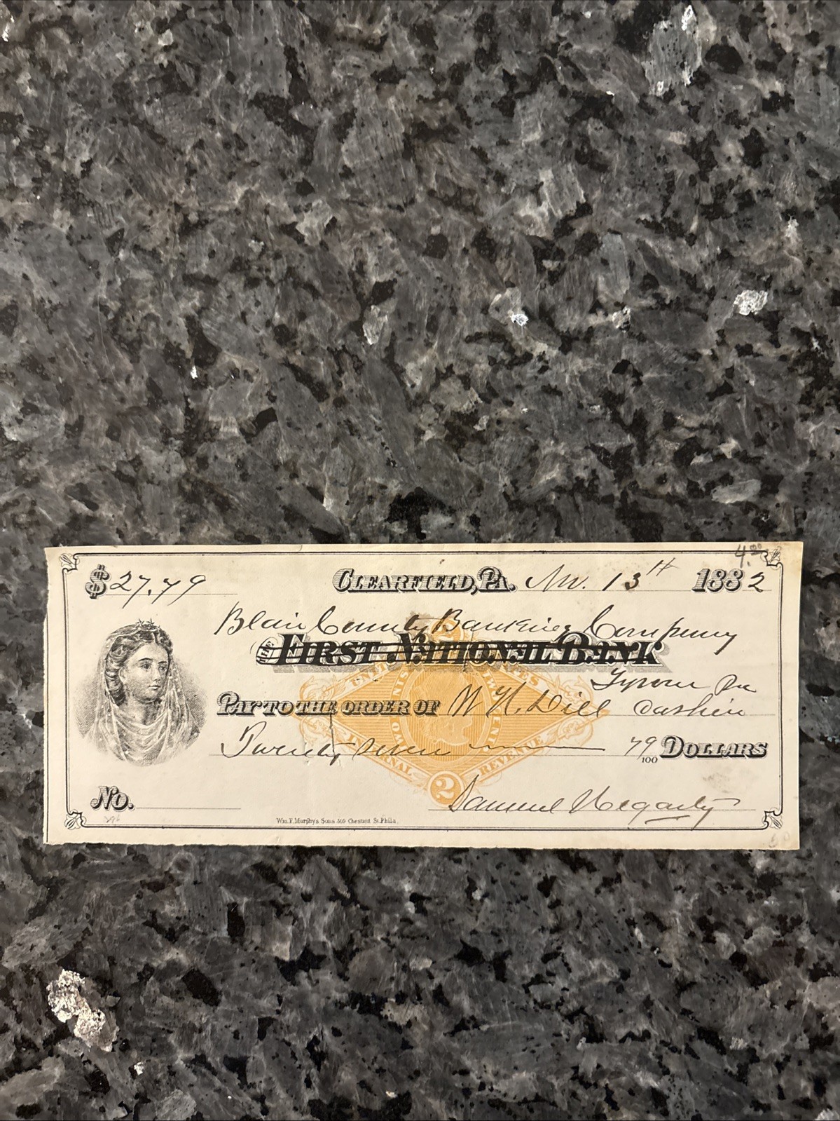 1882 Bank Check: Blair County Banking Company, Clearfield, Pennsylvania