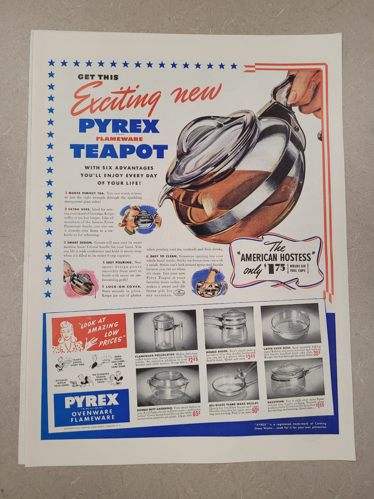 1941 VTG Original Magazine Ad PYREX Glass Exciting New Flameware Teapot