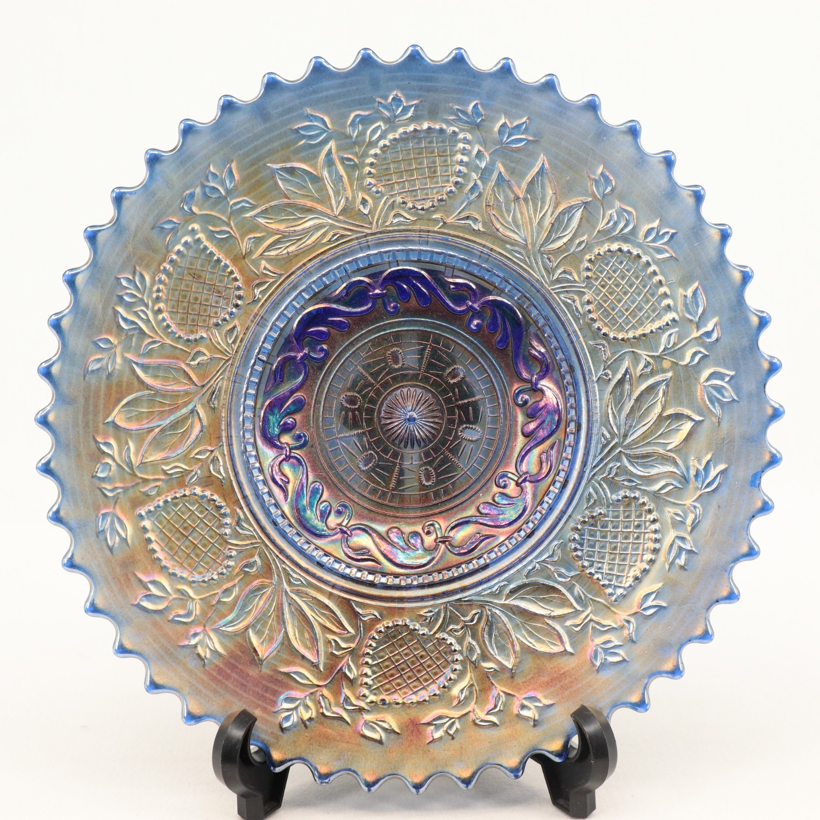 Antique Dugan Fanciful Carnival Glass Plate Cobalt Blue 9\