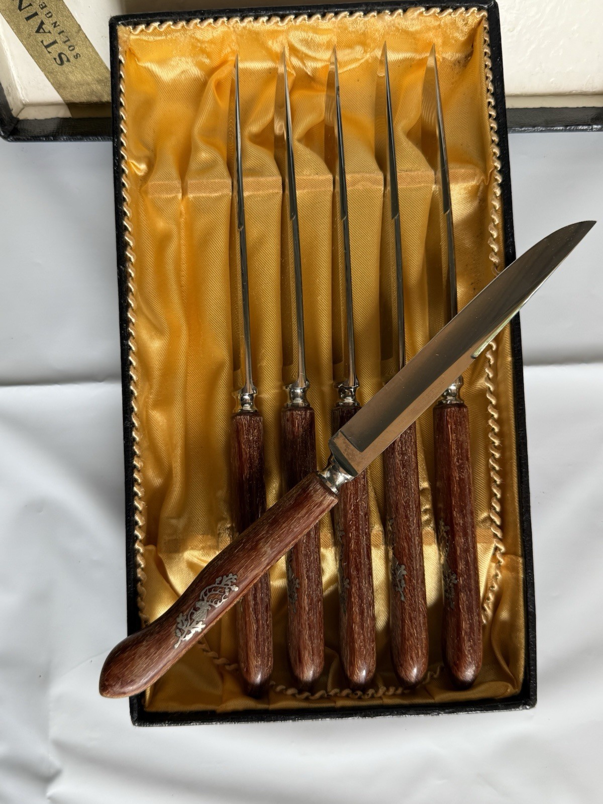 VTG Solingen Germany Stainless Steak Knives Set 6 Stag Silver Inlay Box