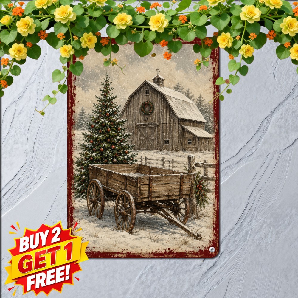 Snowy Winter Farmhouse Metal Tin Sign Rustic Barn Country Wall Decor 8x12