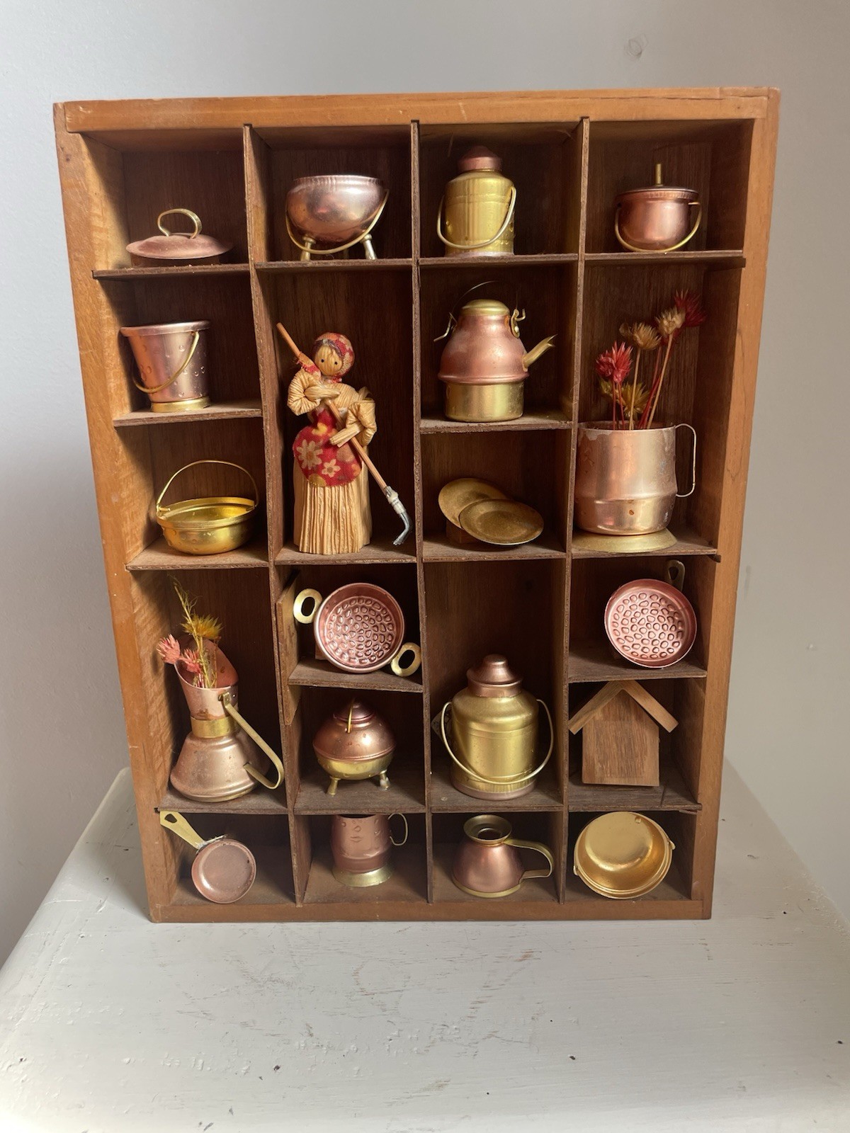 Vintage Wooden Shadow Box Copper Miniatures Wall Hanging Wooden Box