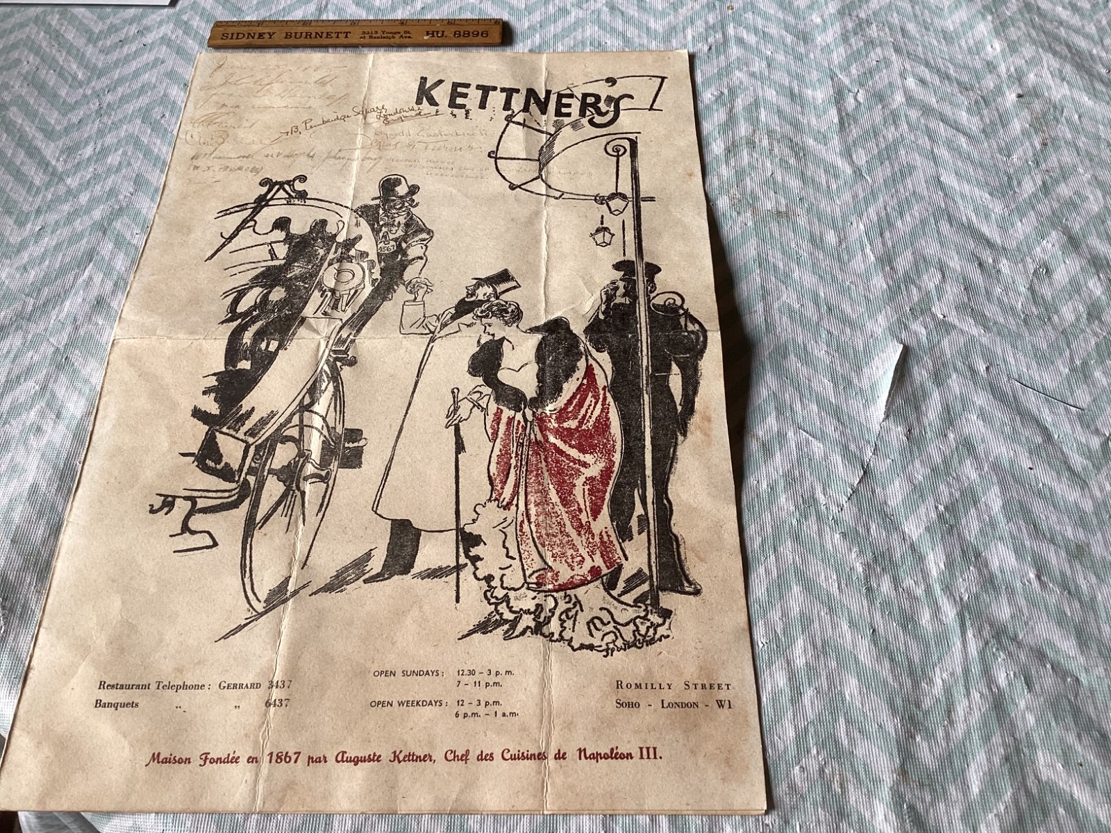 1965,KETTNER’S , MENU,LONDON ENGLAND ,,signed ,ROMILLY STREET ,SOHO ,