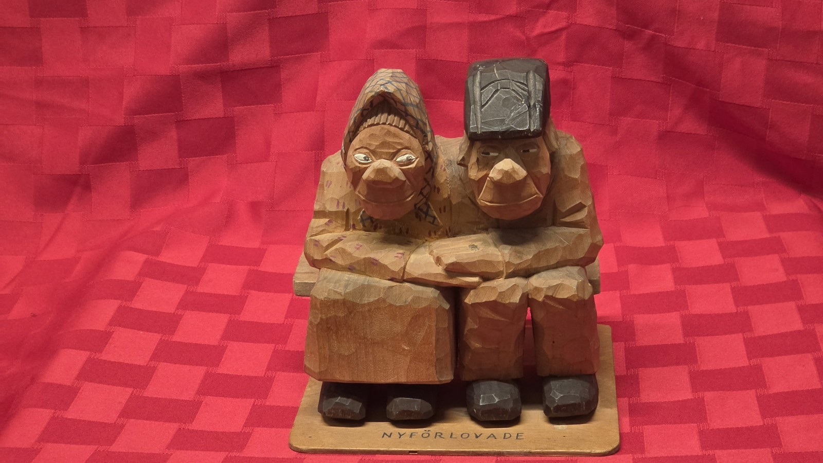 Vintage 1947 Swedish Flat Plane Wood Carving Old Couple On Bench Vintage 1947 Swedish Flat Plane Wood Carving Old Couple On Bench