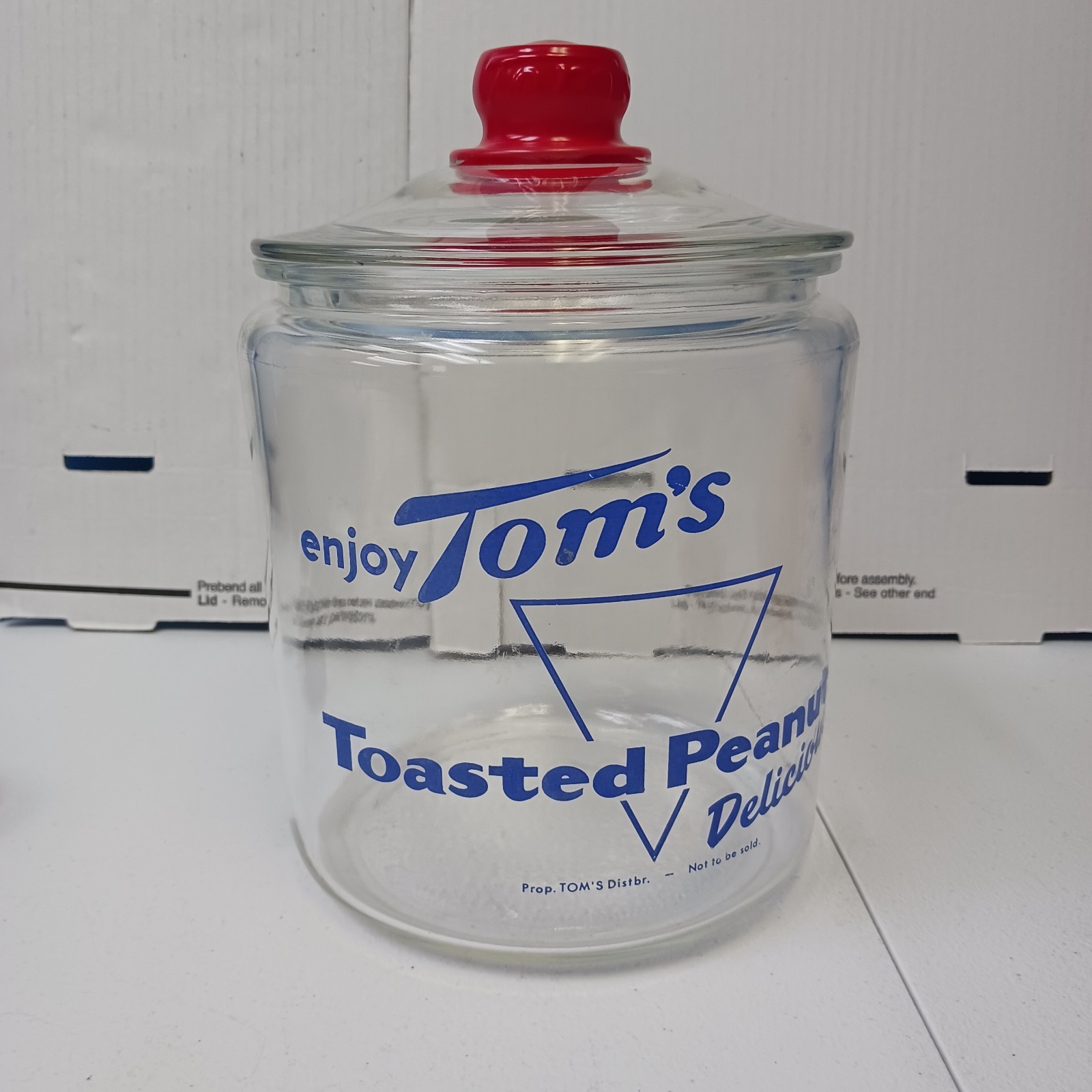 Vtg Enjoy Tom's Toasted Peanuts Countertop Display Jar, Blue w Red Embossed Lid