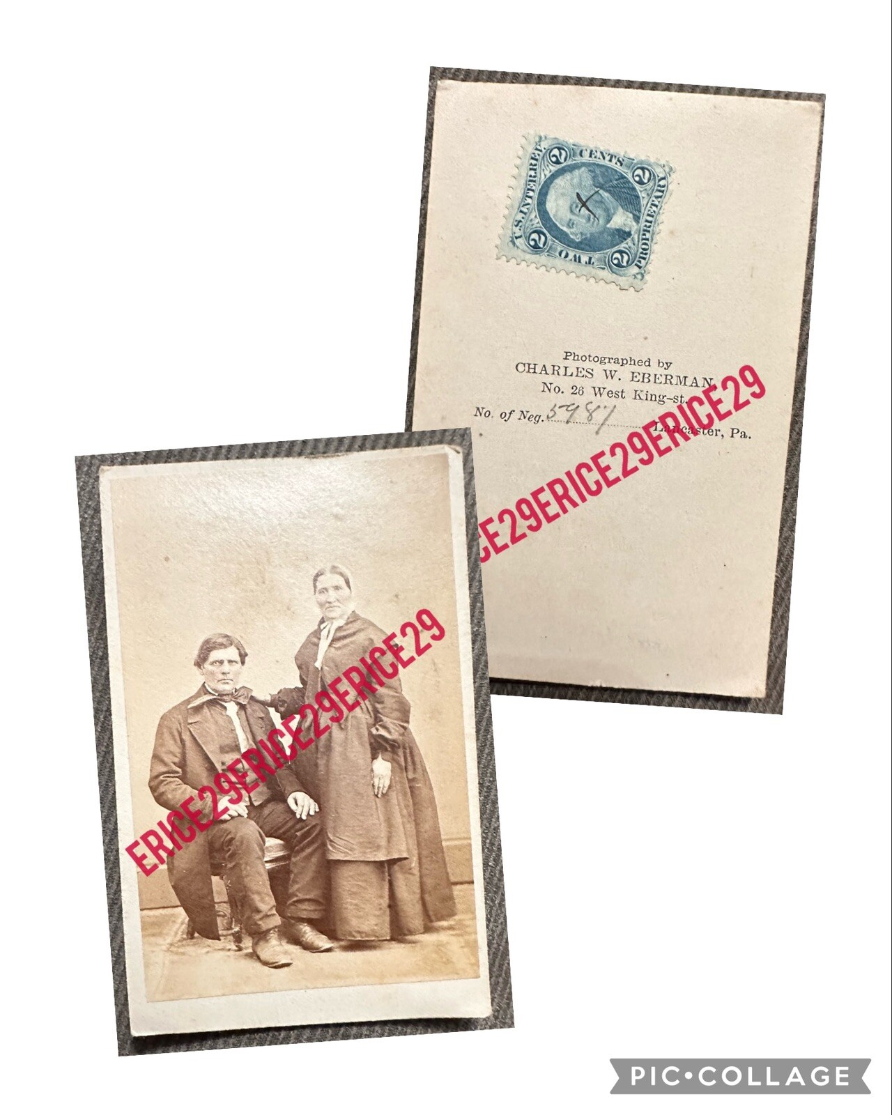 1860-70’s Victorian Couple CDV Photo Charles W. Eberman, Lancaster, PA Tax Stamp