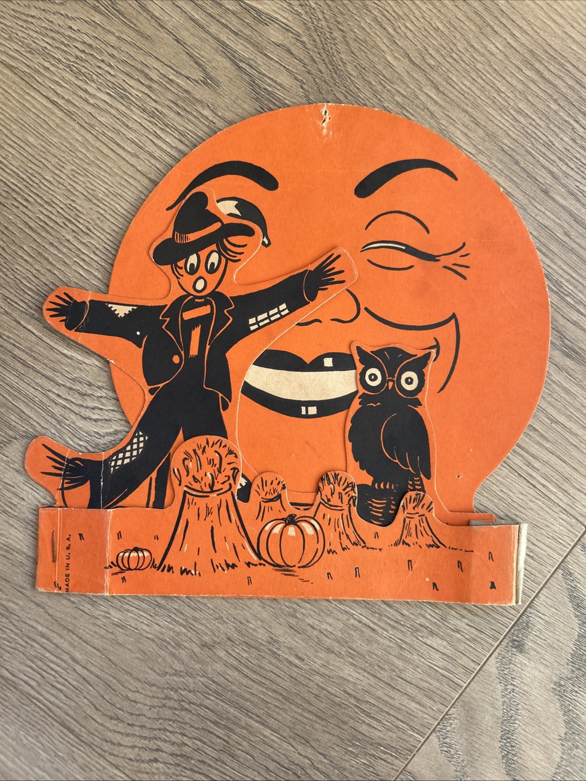 Vtg Beistle Die Cut Centerpiece Orange Moon Scarecrow Owl 1955 Halloween RARE
