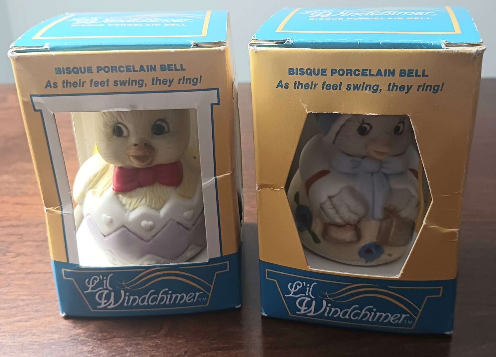 Vintage L\'il Windchimer Bisque Porcelain Bell Set Of 2 Spring Chickens