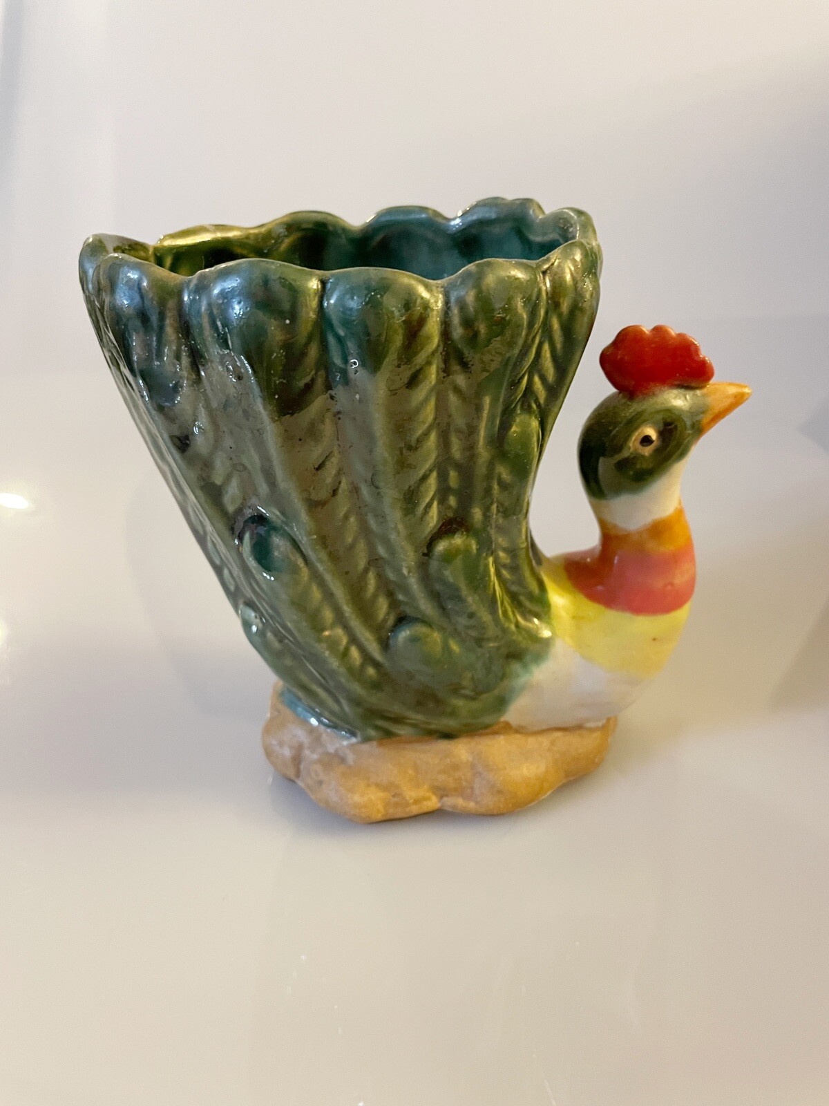 Vintage Hand Painted Pottery Chicken Rooster Planter Signed