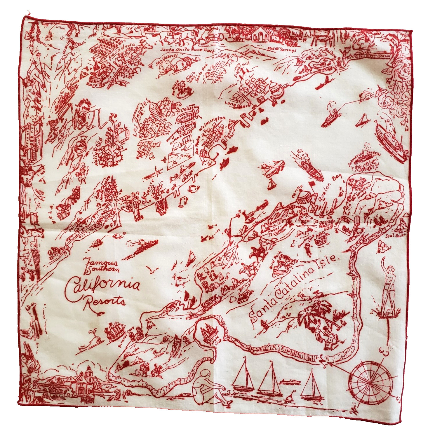 Vintage 1940s California Souvenir Hankie Famous Southern California Resorts 12