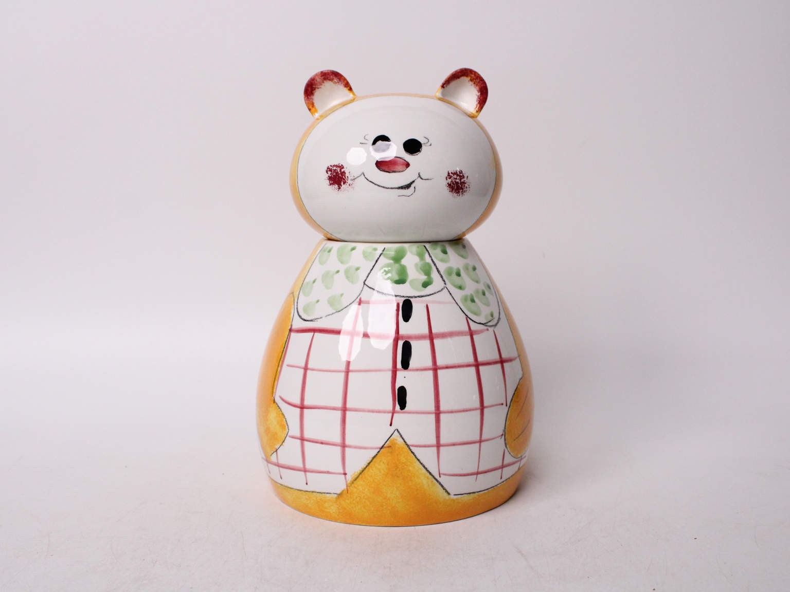 Vintage 1970s Quadrifoglio Italy Ceramic Teddy Bear Cookie Jar Plaid Vest