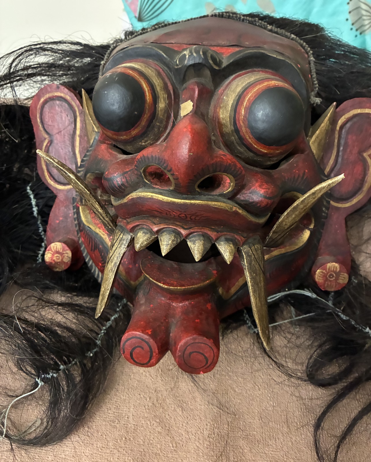 Vintage Balinese Devil Dance Mask - Red & Gold Painted w/Hinged Jaw & Horsehair