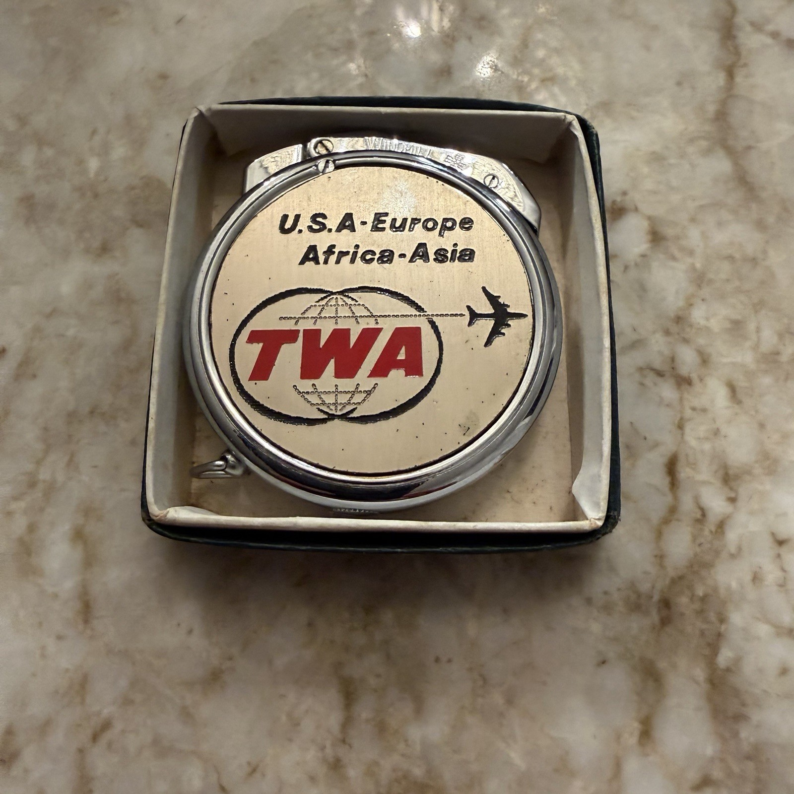 Vintage TWA Airlines Windmill World Time Dial Pocket Lighter w/ Box Aviation