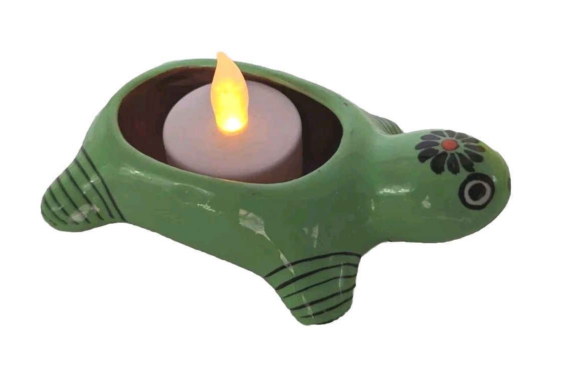 Hand Painted Turtle Folk Art Planter Trinket Pottery Succulent Mexico Tealight 