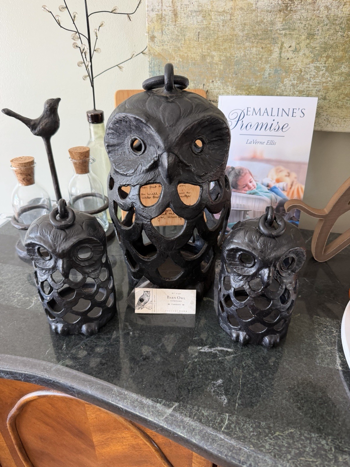 RARE 3pc Pottery Barn Bronze Cast Iron Owl Lanterns - FALL AUTUMN HALLOWEEN
