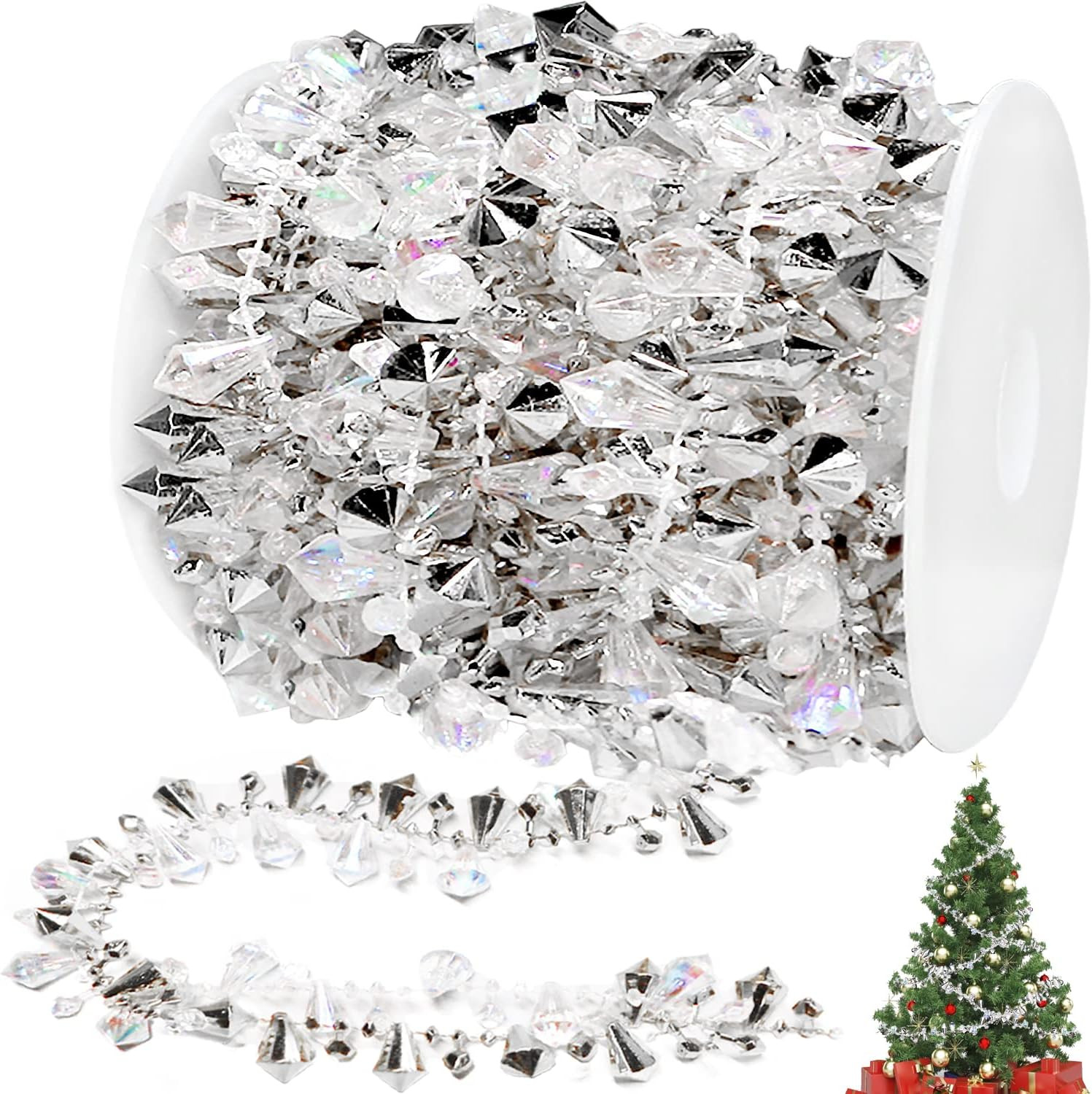 16Ft Christmas Garland Christmas Tree Silver Bead Decor, Clear Iridescent 16Ft Christmas Garland Christmas Tree Silver Bead Decor, Clear Iridescent
