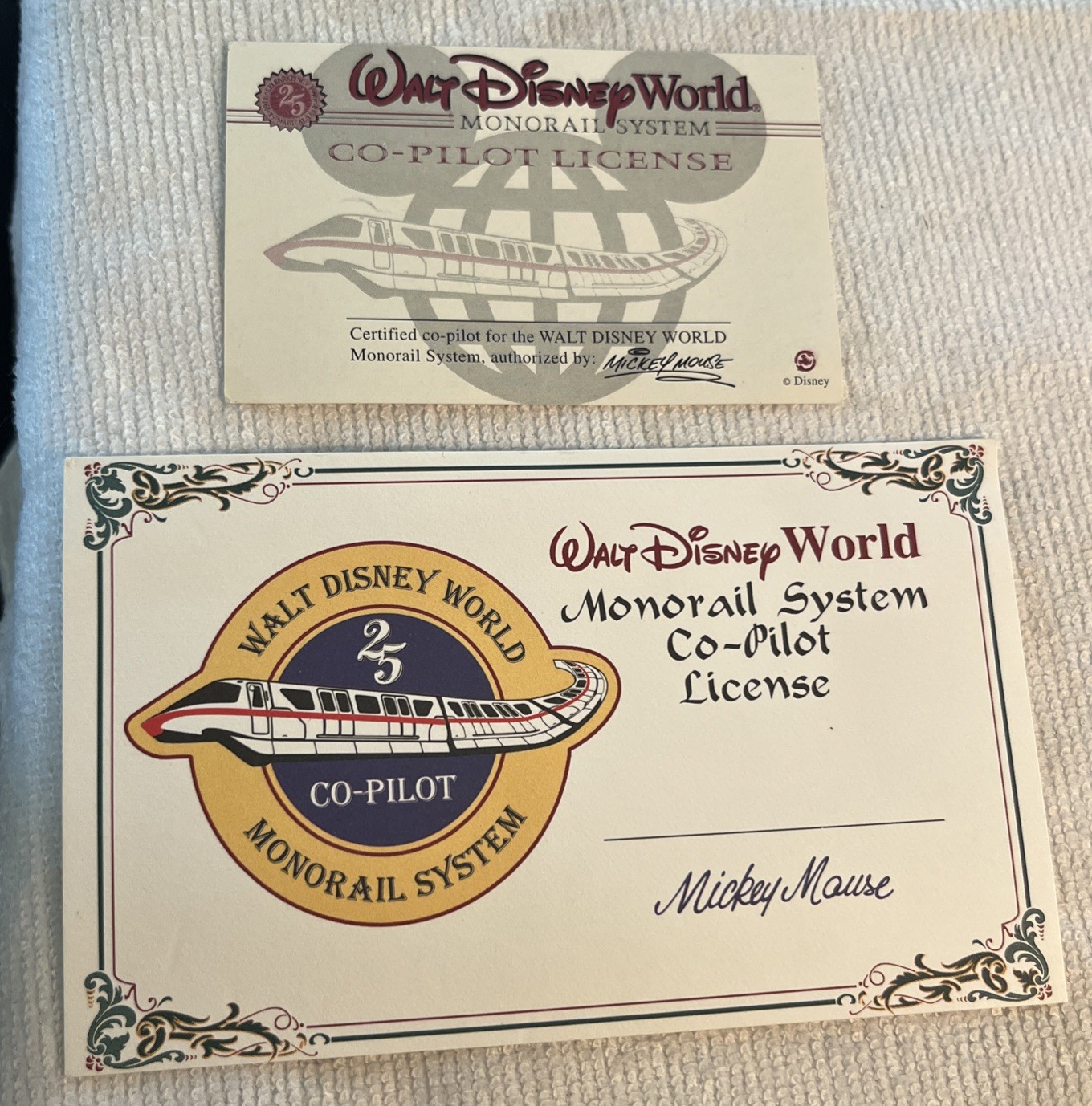 GET BOTH - WDW Old Rare Version 1996 Walt Disney World Monorail Co-Pilot License