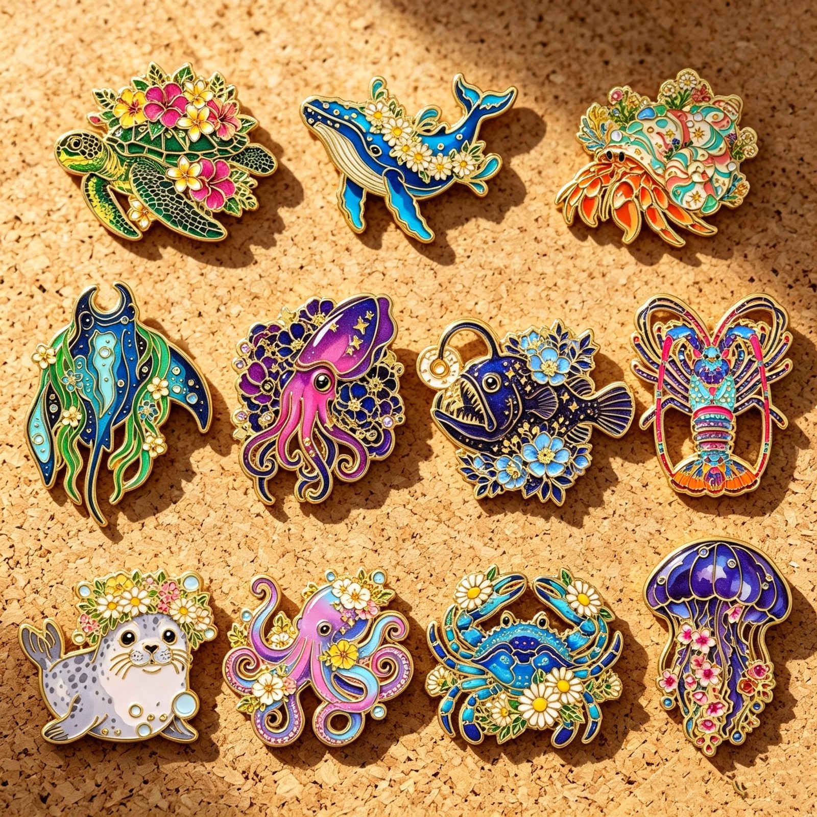 11-Piece Enamel Floral Sea Animals Pin Badge Brooch Set 1.5\ 11-Piece Enamel Floral Sea Animals Pin Badge Brooch Set 1.5\