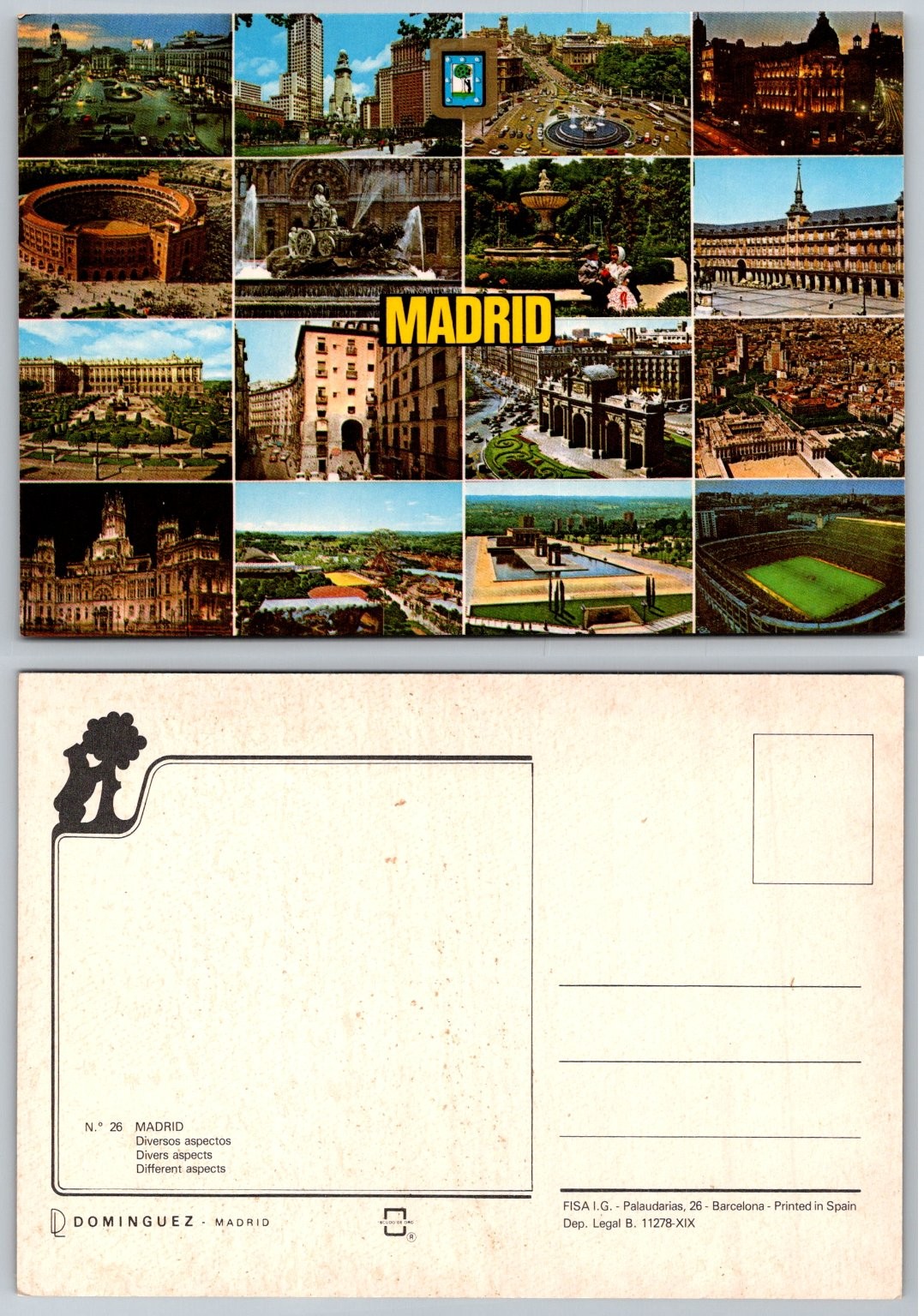 Vintage Madrid Spain Postcard - 16 Views Collage - City Landmarks Plaza Mayor