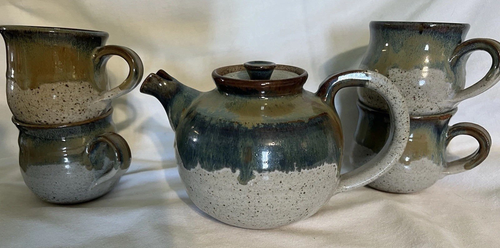 McMaster Pottery Teapot and 4 Cups Green/Gray Glaze , Good Condition