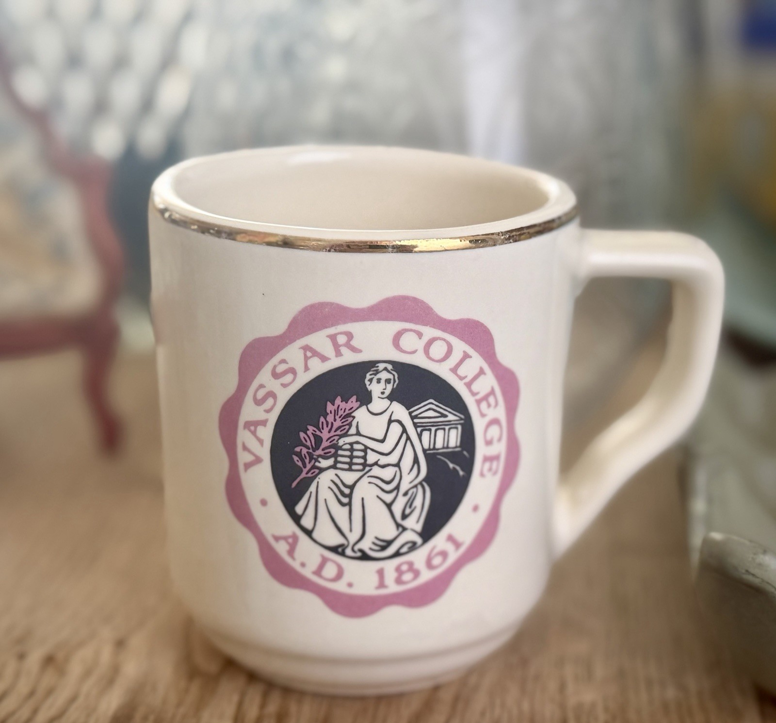 Vintage Vassar College Mug W.C.Bunting Co. Gold Rim Ivory CeramicPink Seal