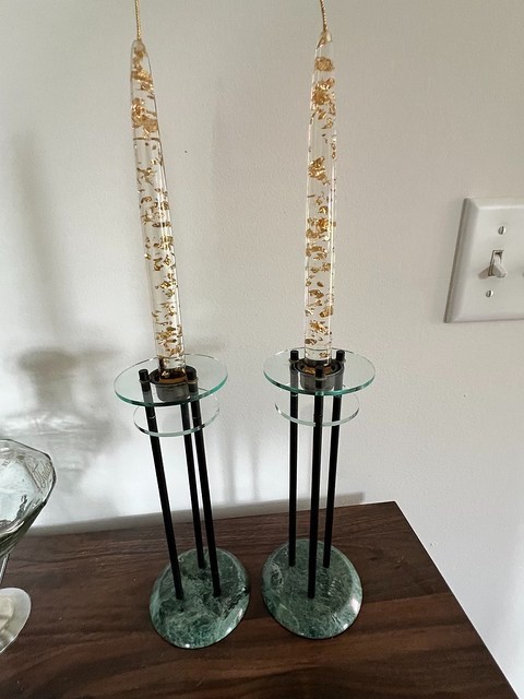 1980s Postmodern Pair of Milano Series Candlesticks Green Marble Memphis Style 1980s Postmodern Pair of Milano Series Candlesticks Green Marble Memphis Style