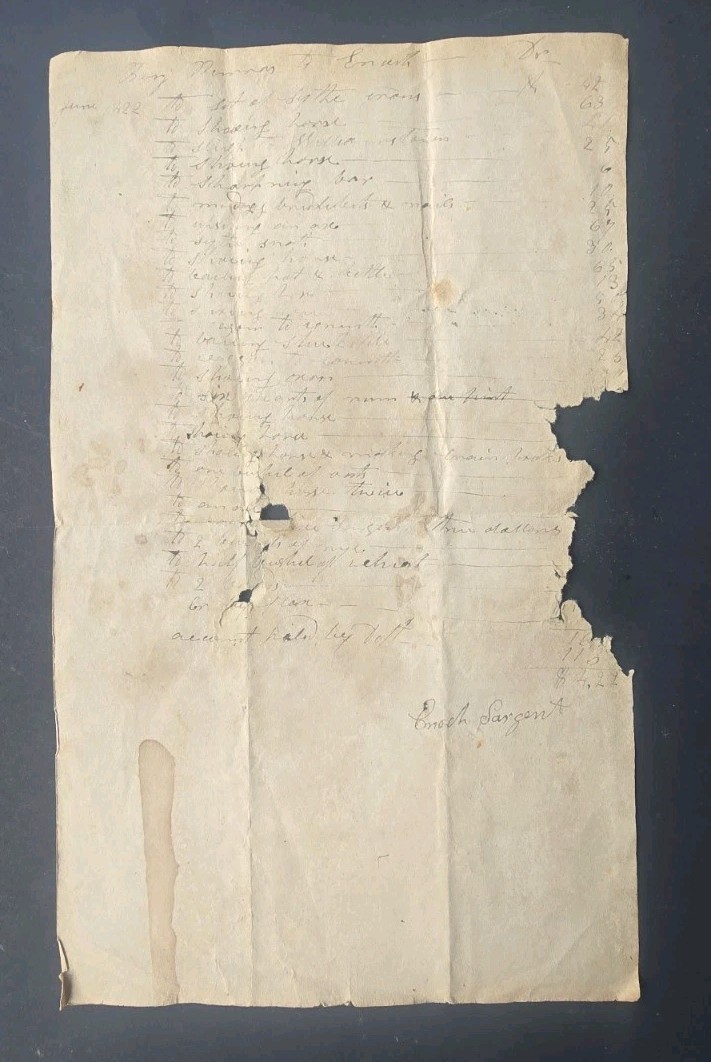1822 Enoch Sargent Blacksmith Bill Sutton NH Signed Early American Document