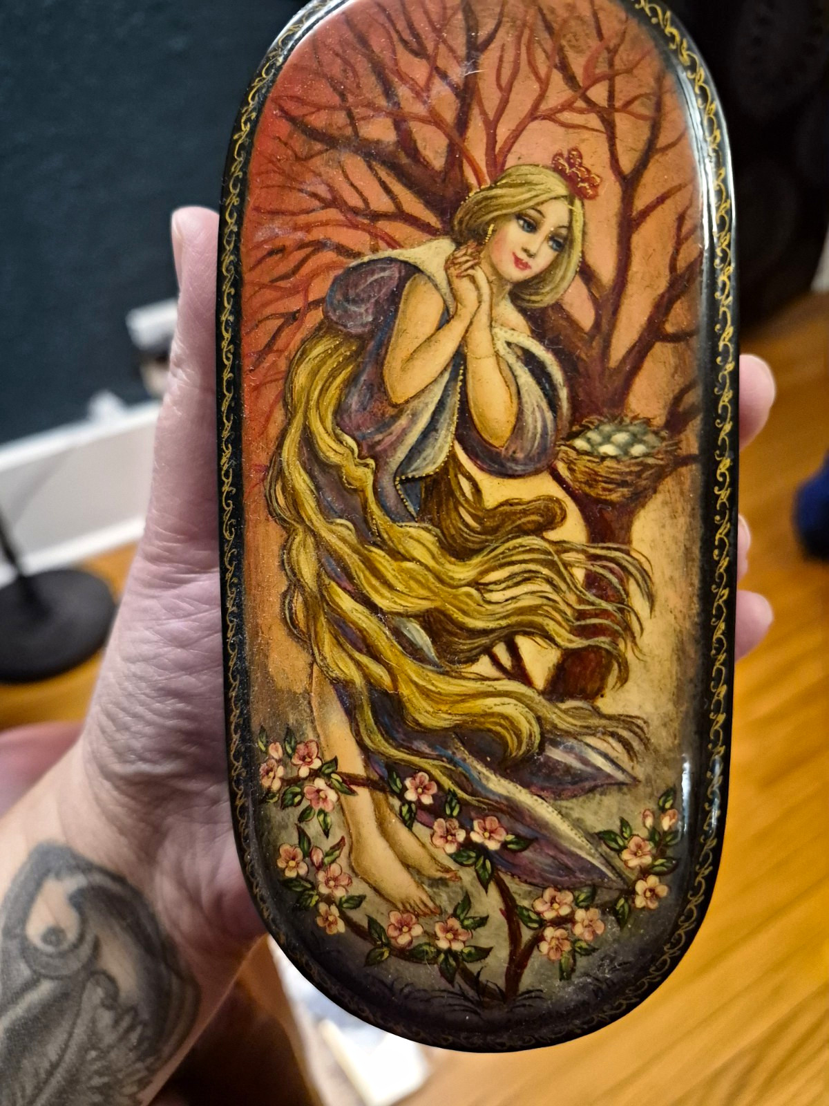 Hand Painted Lacquered Wood Trinket Box w/ Hinged Lid, Oval Russian Fairy Hand Painted Lacquered Wood Trinket Box w/ Hinged Lid, Oval Russian Fairy