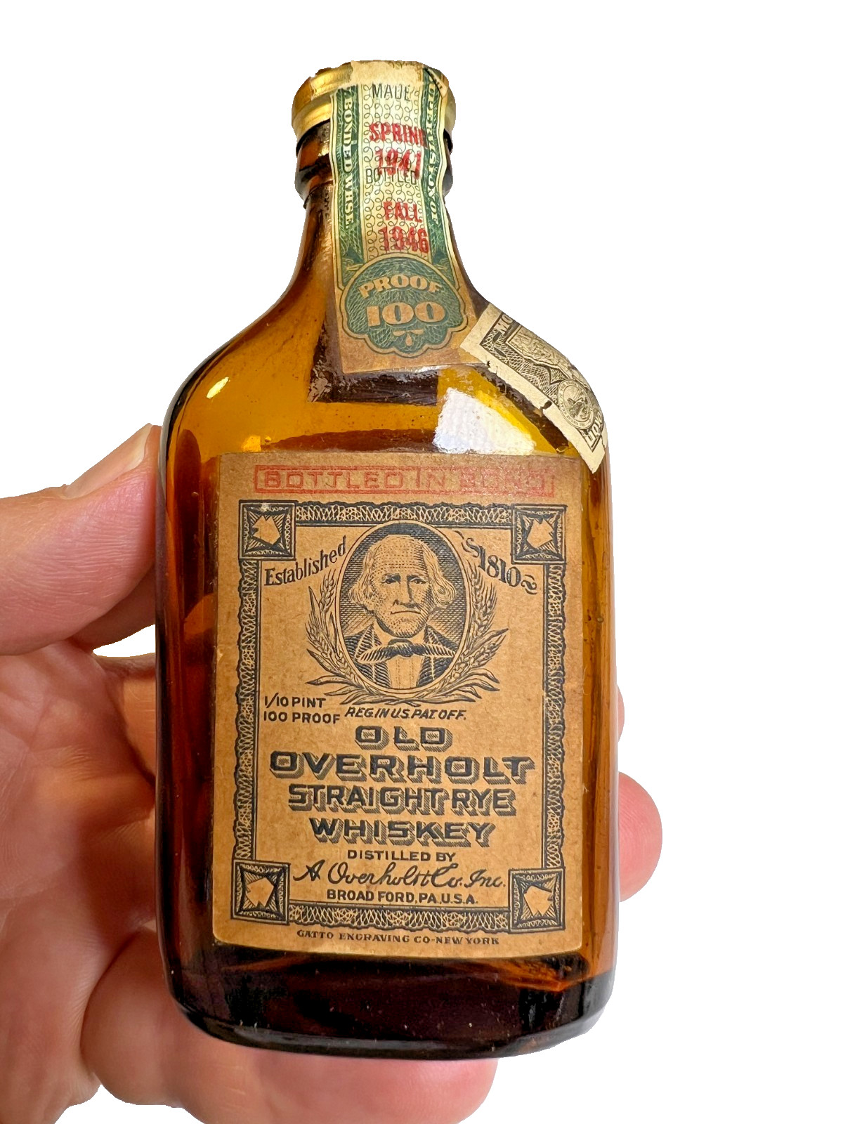 1937 Overholt Straight Rye Whiskey 1/10 Pint Bottle Bond Tax Seal Montana State