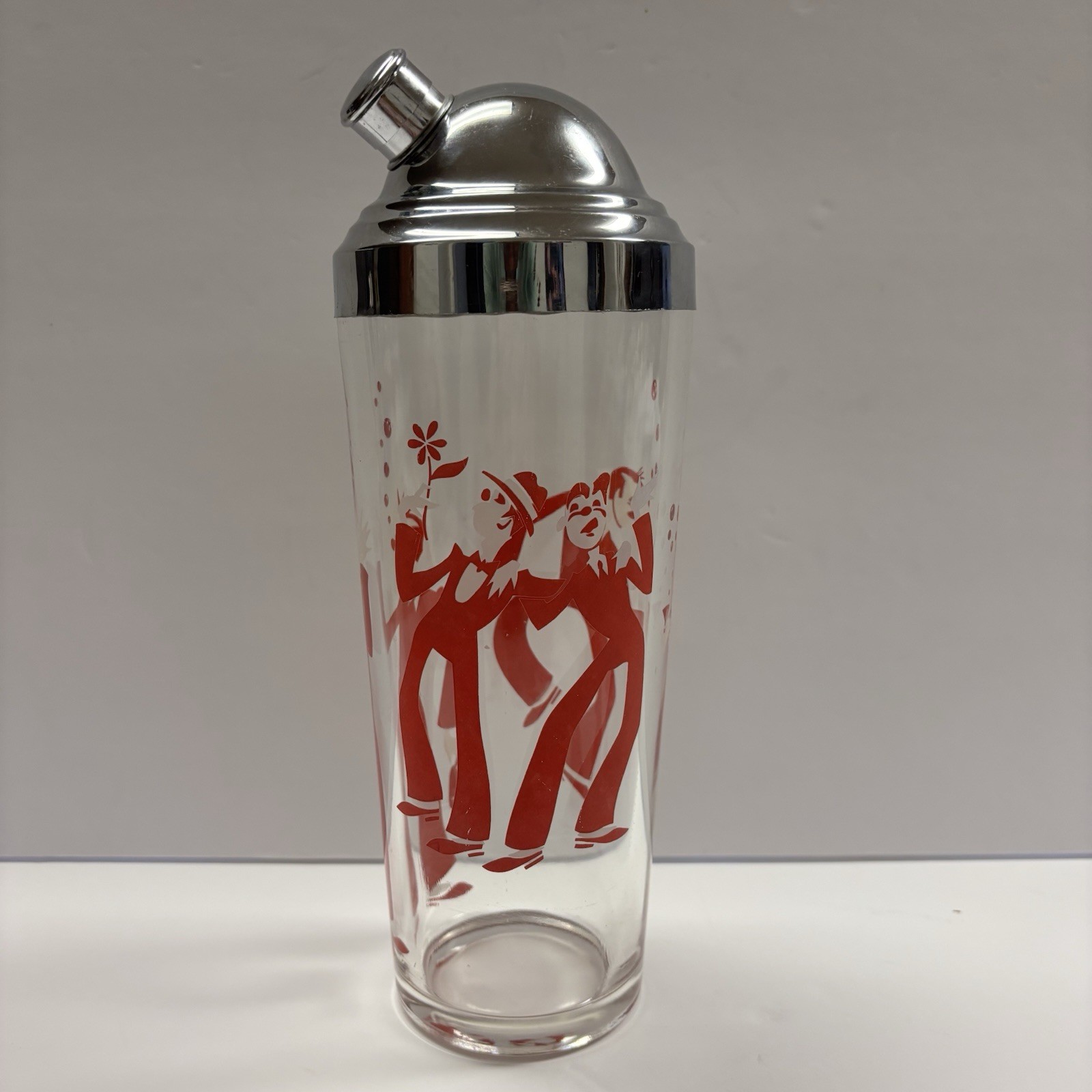 Vtg 1960s MCM Cocktail Shaker Red & White Clown Motif 10.5\