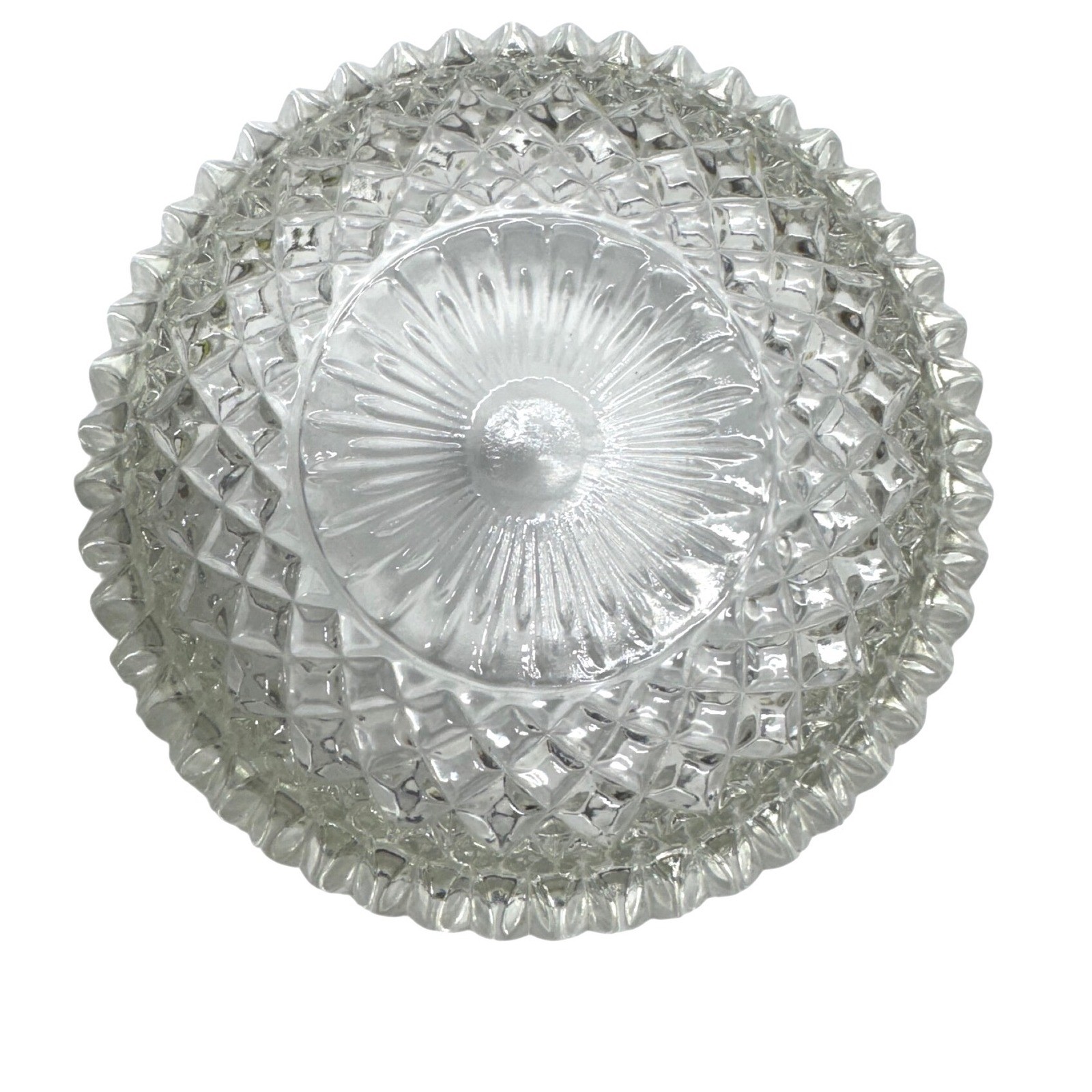 Vintage Clear Cut Glass Ashtray Diamond Point Sunburst Round Scalloped Edge 6\