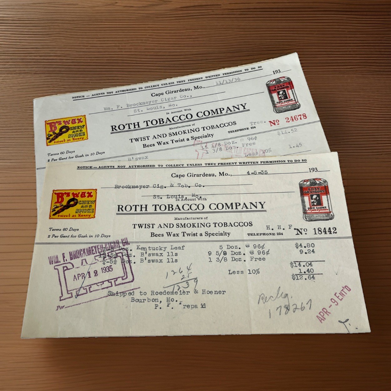 1935-36 Roth Tobacco Cape Girardeau MO Invoice Pair B Wax Foxy Grandpa sl 1935-36 Roth Tobacco Cape Girardeau MO Invoice Pair B Wax Foxy Grandpa sl