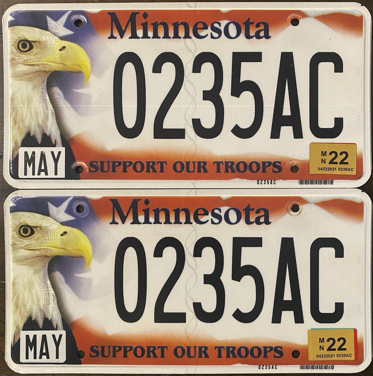 2022 Pair of MINNESOTA Support Our Troops Eagle License plates EXPIRED