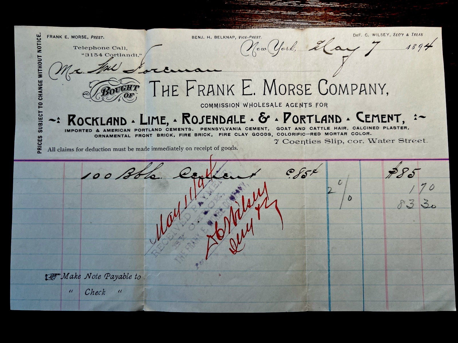 🧱 1894 Frank E. Morse Co NYC 100 Barrels Cement $85 Wholesale Billhead