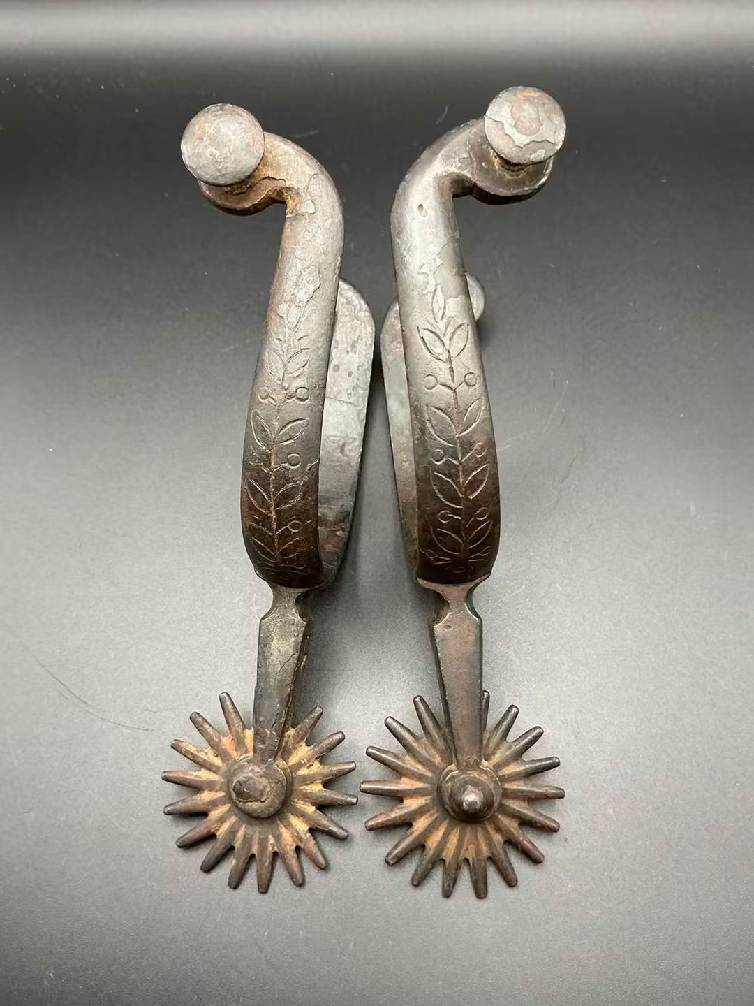 Unique Old Pair Of Engraved Iron Spurs Attributed To J.B. Mull