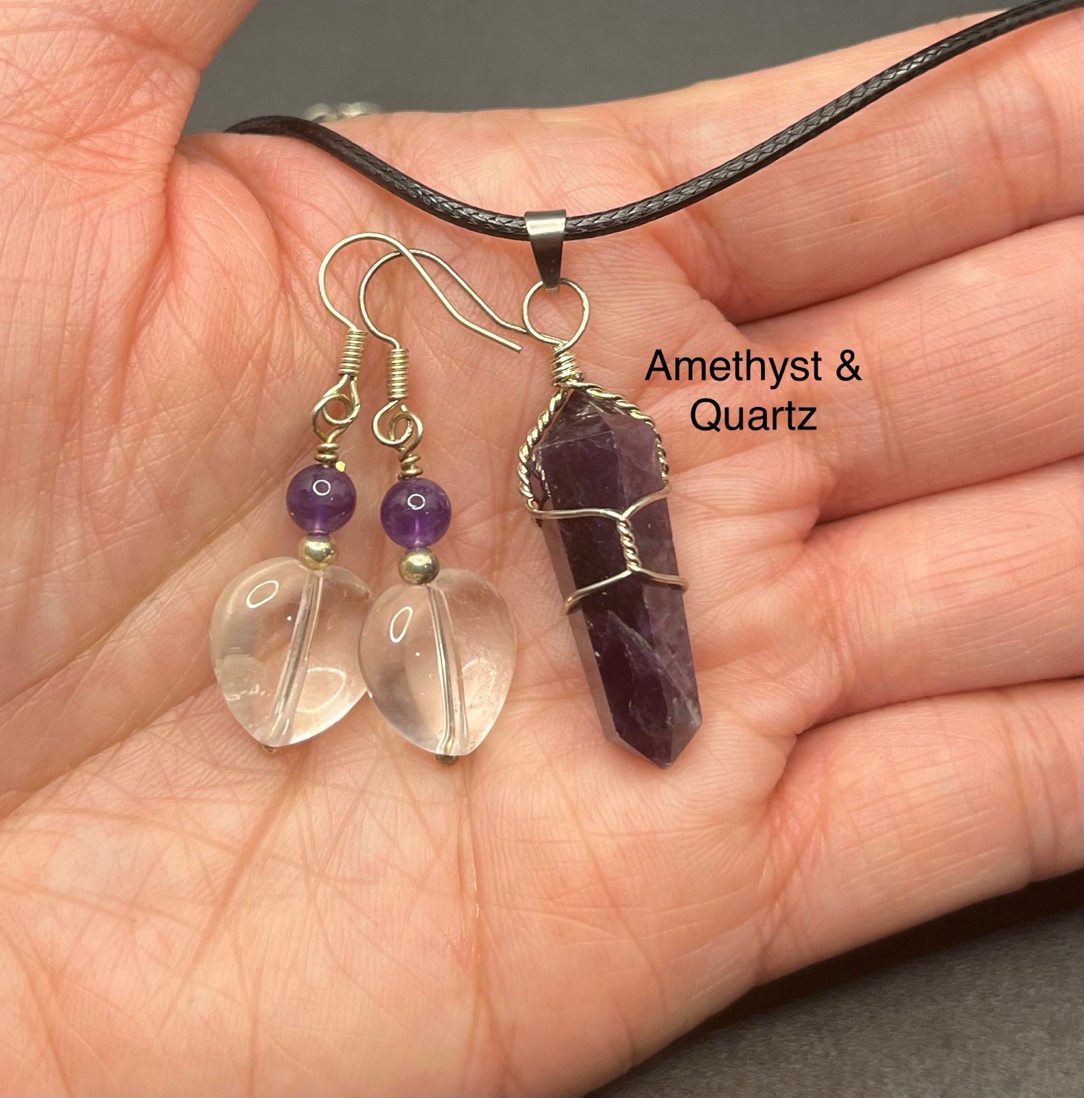 Amethyst Genuine Stone Pendant Necklace & Amethyst With Quartz Earrings Set
