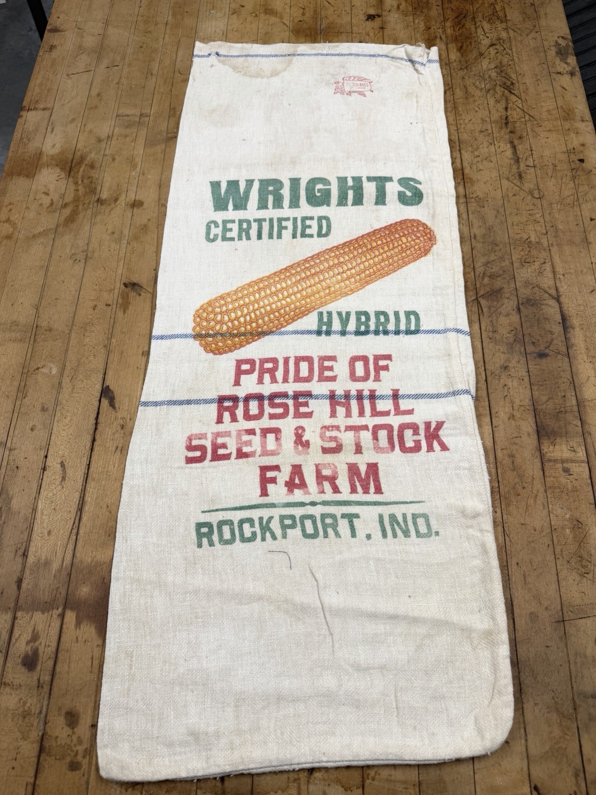 Vintage Wrights Rose Hill Hybrid Seed Corn Cloth Bag Farm Feed Sack Rockport IN