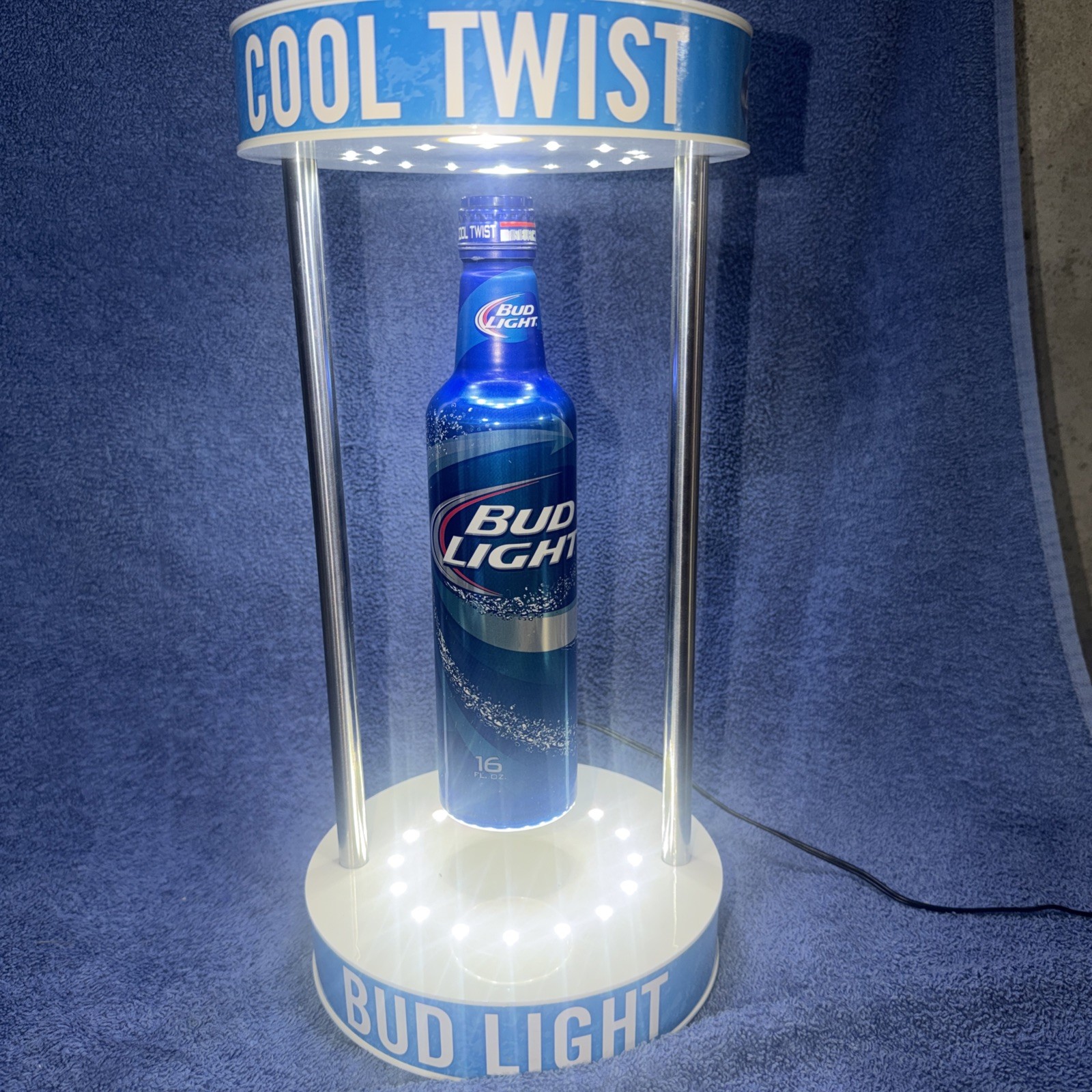 AWESOME BUD LIGHT BEER FLOATING SPINNING ALUMINUM BOTTLE LED SIGN 14.5 X 7