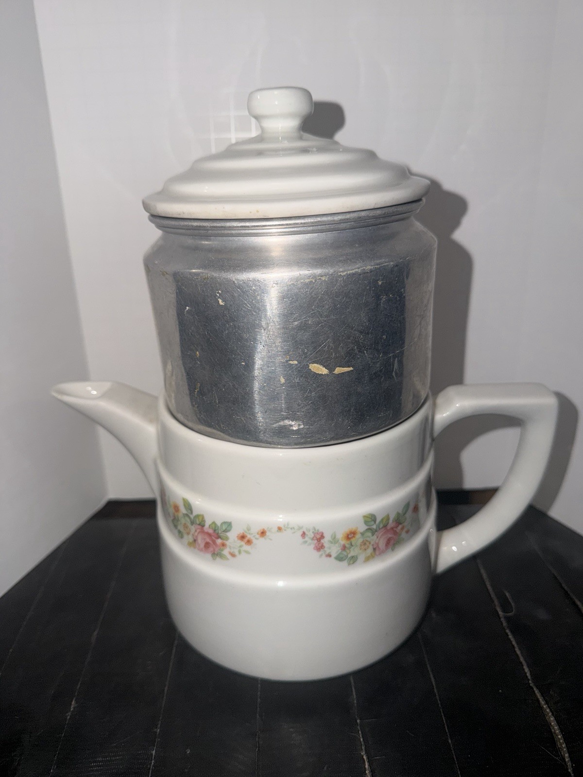 Enterprise Aluminum Floral Pattern Three Drip-O-Lator coffee pot
