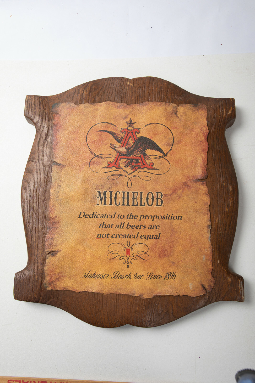 Michelob Beer Plastic Sign (N4L) Anheuser Busch Wood w/Leather Mount 16x14