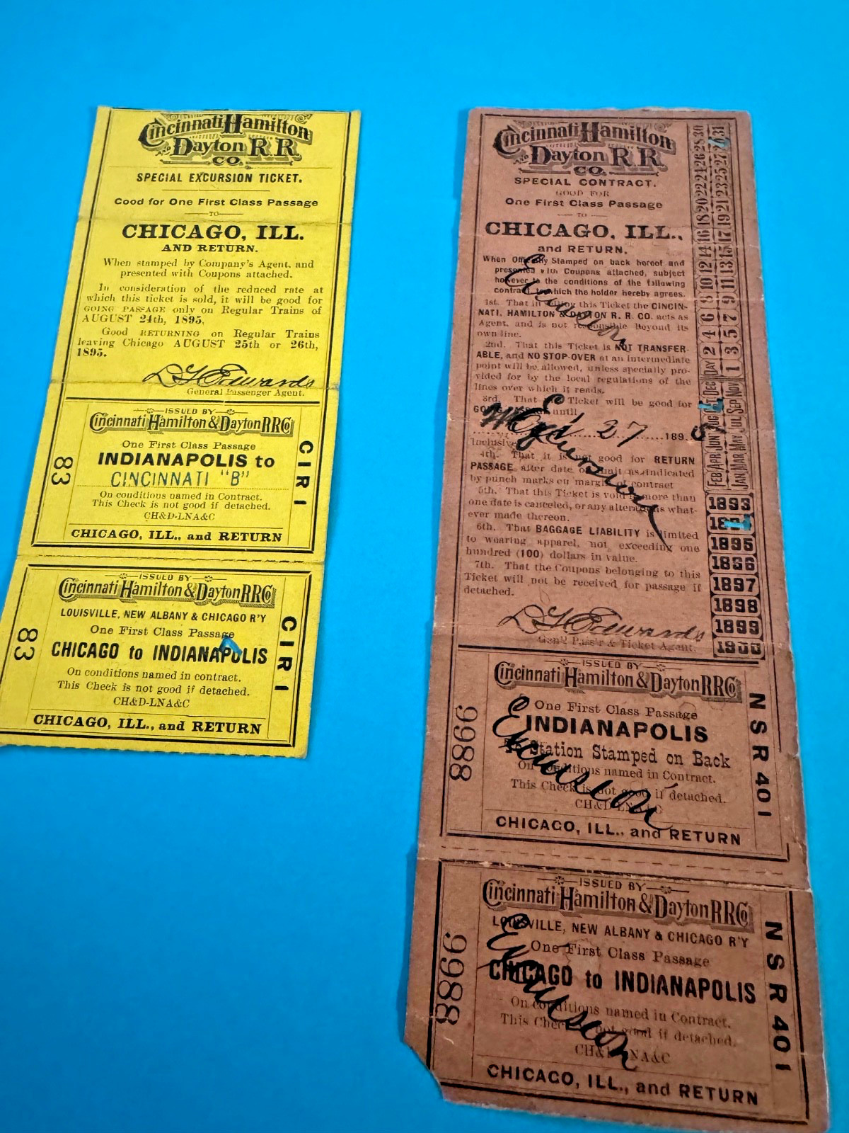 1894 & 1895 CINCINNATI HAMILTON DAYTON RailRoad Co 1st class tickets 1894 & 1895 CINCINNATI HAMILTON DAYTON RailRoad Co 1st class tickets