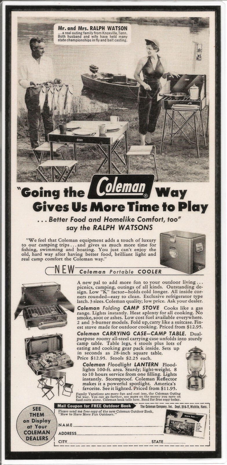 LAMINATED ORIGINAL 1955 Coleman Coolers Camp Stoves Lanterns PRINT AD HANDMADE