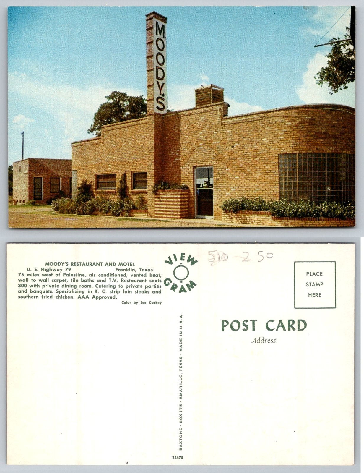 Standard Moody\'s Restaurant Motel Franklin Texas Postcard
