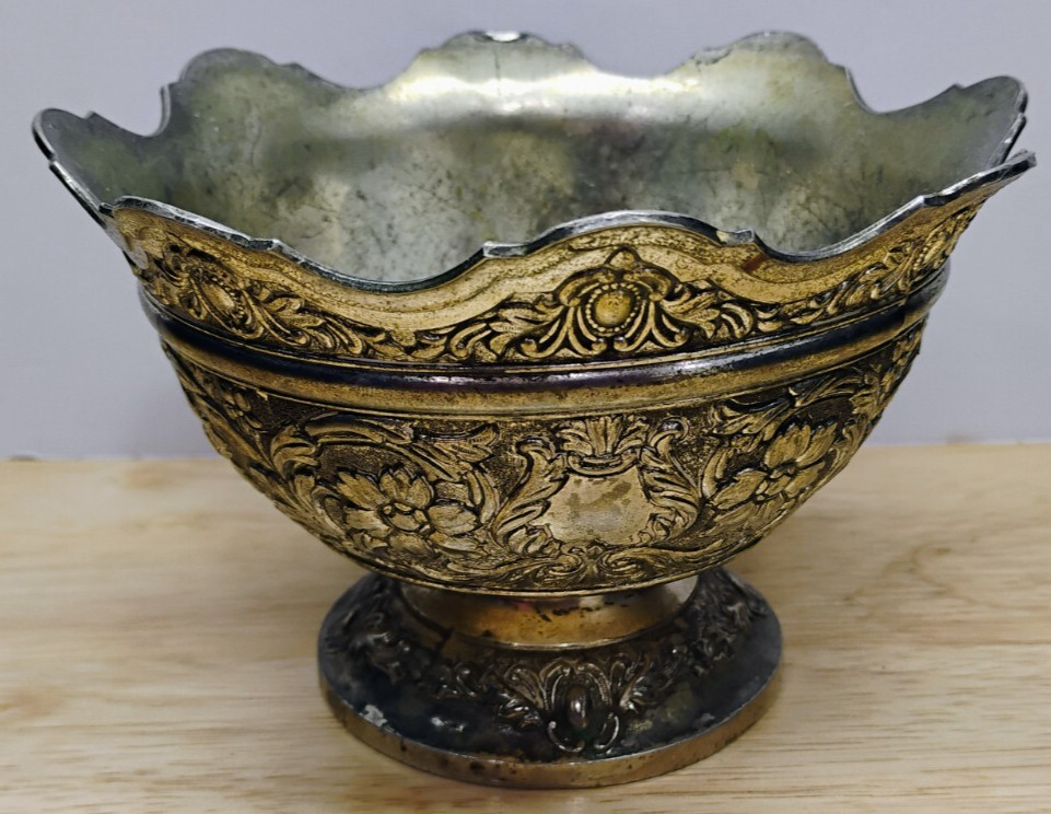 Silver Plated Bowl With Crown Rim & Repoussé Ornate Design Patina 5.5