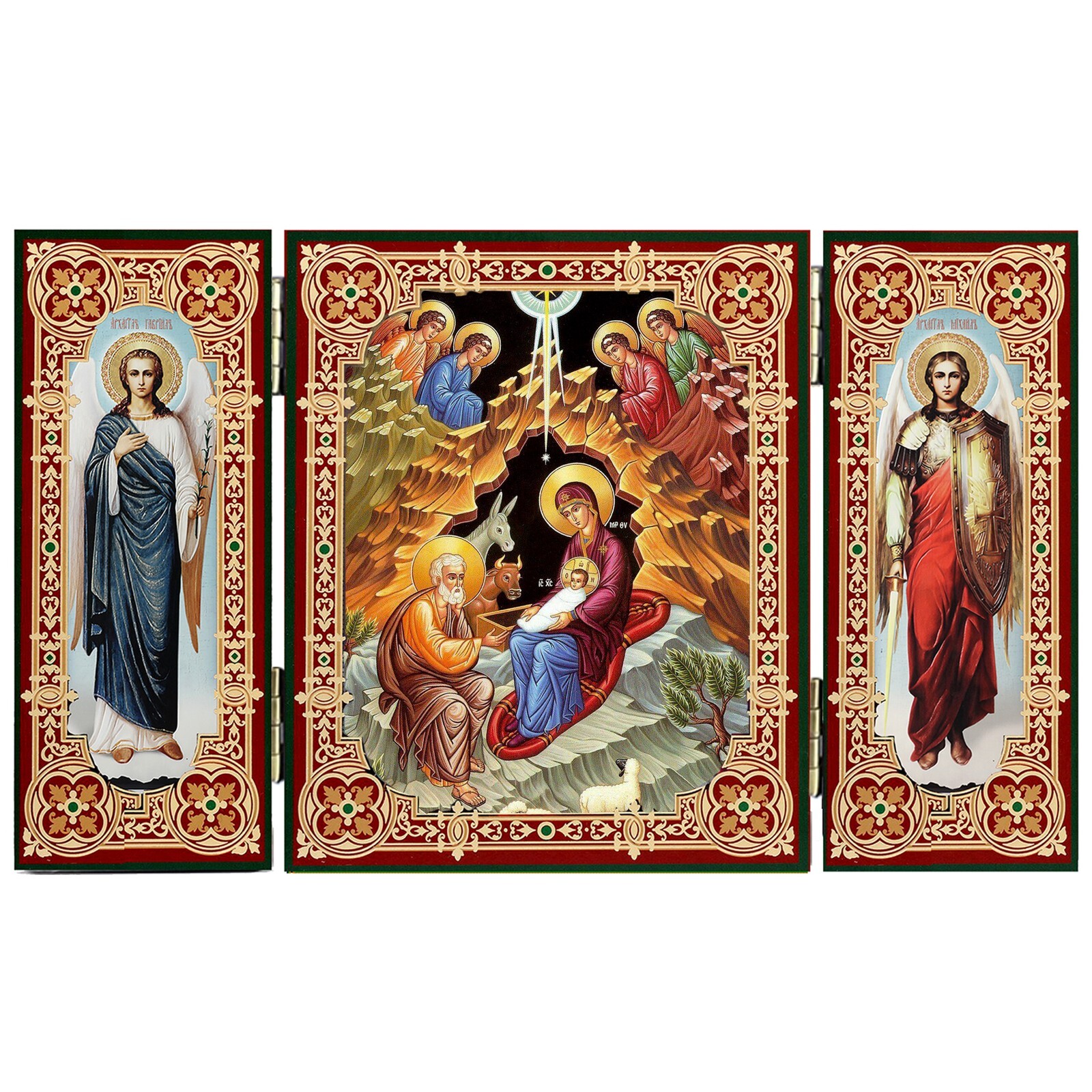 Small Byzantine Style Nativity Triptych, Folding Icon - Holy Family, Angels