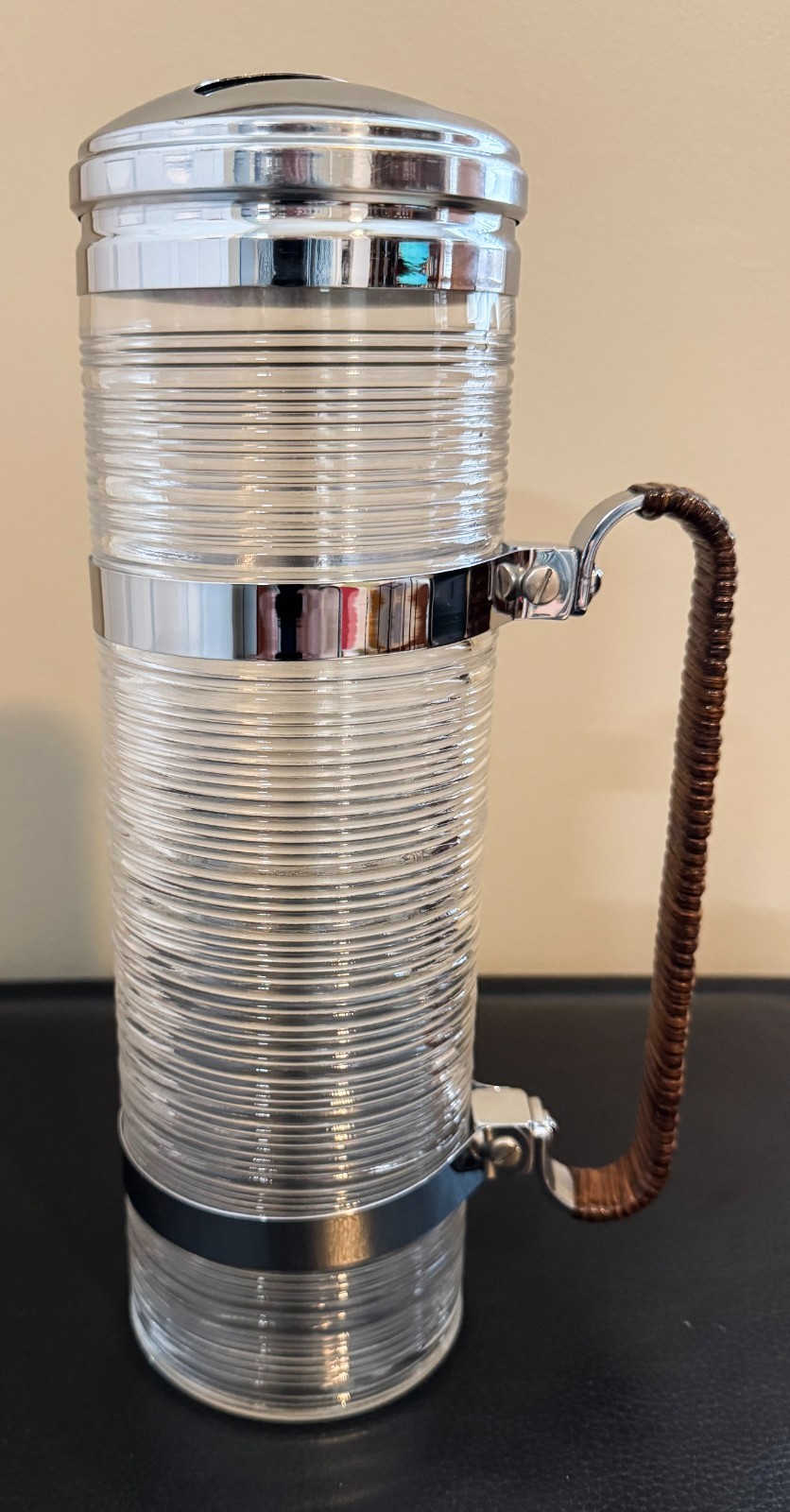 MINT MCM SPUN GLASS COCKTAIL SHAKER W/RATTAN HANDLE BY MAXWELL-PHILLIPS C 1948